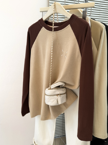 Shot Design Style Small Number Embroidered Long Sleeve T-Shirt for Women Autumn and Winter Loose Inner Layer Base Shirt with Fleece and Napped Fabric