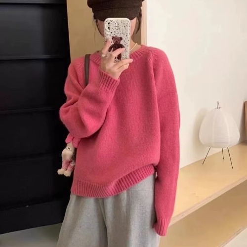 Candy-colored women's autumn/winter Korean-style unique top loose and effortless versatile soft and cozy knitted sweater thick