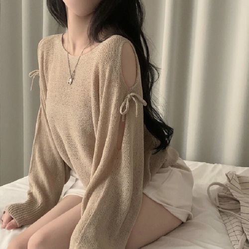 Korean Version Loose Hooded Sweatshirt with Tie-Through Lacing, Open Shoulder Knit Top, Bow Detail, Sexy Long Sleeve, Thin Lightweight Sun Coverall