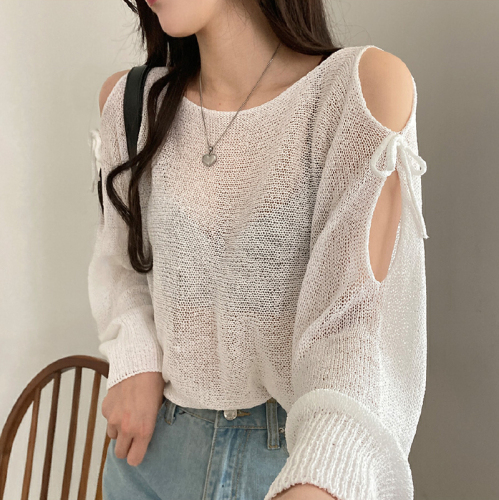 Korean Version Loose Hooded Sweatshirt with Tie-Through Lacing, Open Shoulder Knit Top, Bow Detail, Sexy Long Sleeve, Thin Lightweight Sun Coverall