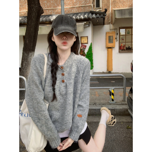 Photographed Korean Style Lazy Shoulder Round Neck Button Design Knit Sweater Loose Hooded Top for Women