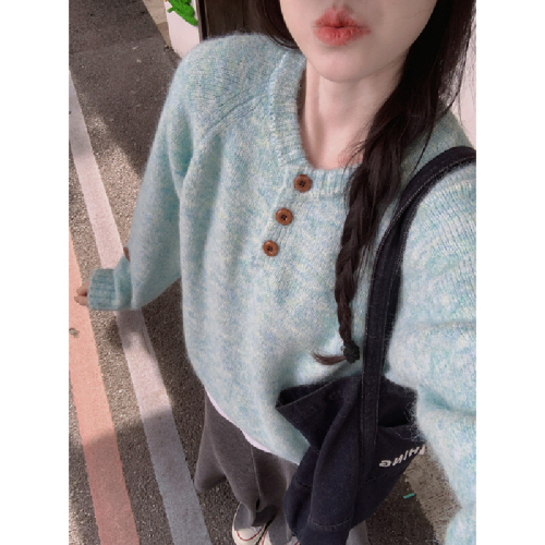 Photographed Korean Style Lazy Shoulder Round Neck Button Design Knit Sweater Loose Hooded Top for Women