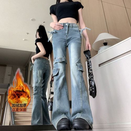 Shot~ Fleece-lined and Thickened Vintage Ribbon Bow Mini Skirted Denim for Women Autumn/Winter Hot Girl Slimming Pants