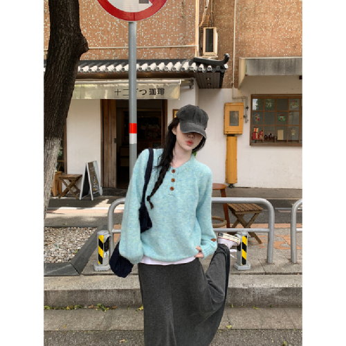 Photographed Korean Style Lazy Shoulder Round Neck Button Design Knit Sweater Loose Hooded Top for Women