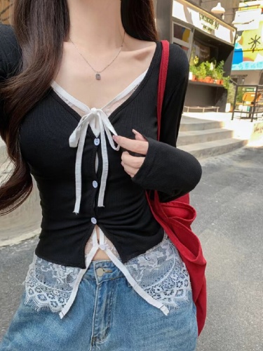 Ladies' stylish lace-trimmed strapless V-neck two-piece contrasting color t-shirt slim-fit long-sleeve top