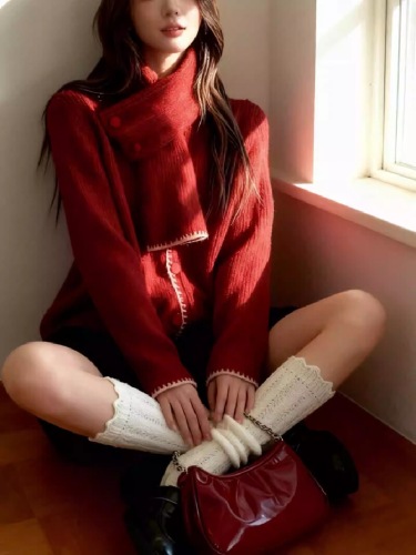 Korean Dongdaemun New Solid Color Knit Cardigan with Neck Scarf Korean Style Color Contrast Outerwear Top Set Women's Sweater Set