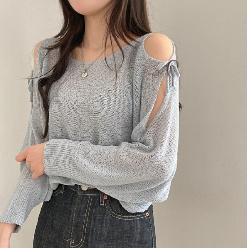 Korean Version Loose Hooded Sweatshirt with Tie-Through Lacing, Open Shoulder Knit Top, Bow Detail, Sexy Long Sleeve, Thin Lightweight Sun Coverall