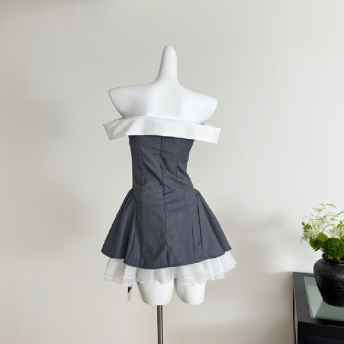 Lattitude/Yang Xiaolu Butterfly Gray bow contrast color stitching one-shoulder tube top dress tutu skirt