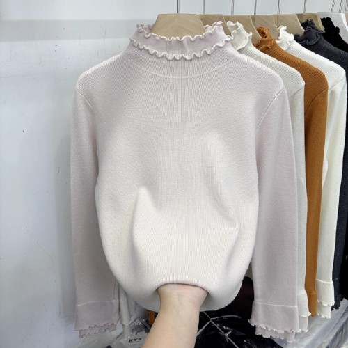 Sijiqing 2025 Winter New Arrival Double-Layer Ribbed Soft and Fluffy Long-Sleeved Knitted Sweater for Women—Stylish, Fashionable Innerwear Top with a Western Style
