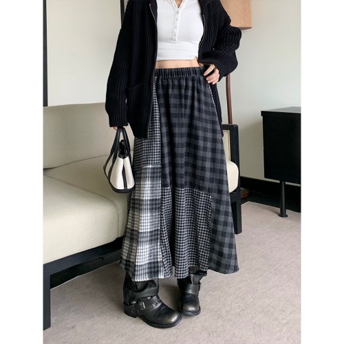Japanese Retro Velvet Gingham Semi-Skirt for Women Autumn/Winter Splicing Long Dress College Style High-Waist Umbrella Skirt Medium A-Line Skirt
