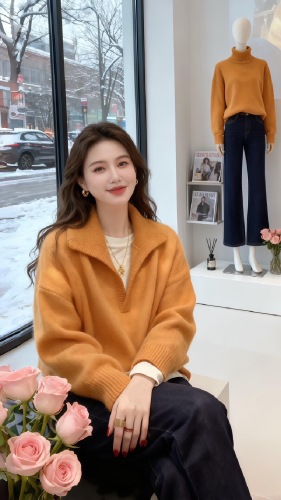 Korean-style fashionable collar high-end cashmere long-sleeved knitted sweater for women, looks very good, loose and slimming, stylish and youthful top