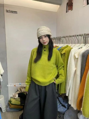 Korean-style casual age-defying half-button two-piece high neck knit sweater autumn and winter heavy weight thick women's sweater