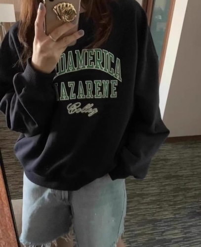 Women's Thick Fleece Hooded Sweatshirt, Korean Style Loose Fit, Simple Lettered Crew Neck Sweatshirt for Autumn/Winter Trendy