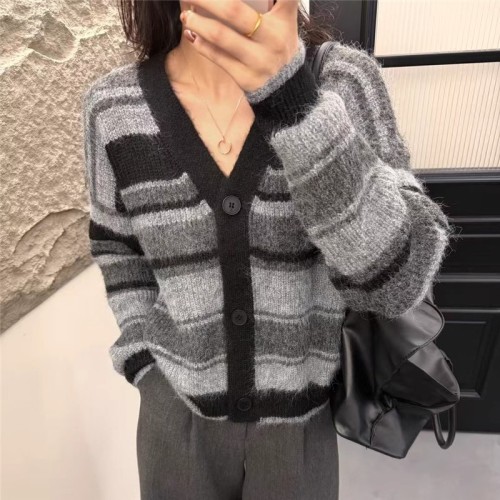V-neck knit sweater with striped single-breasted button front, angora long hair open jacket