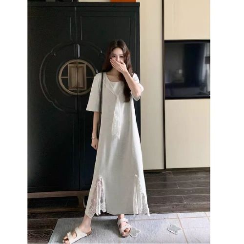 2025 New Women's Summer Petite Frame Elegant Slimming Gorgeous T-shirt Dress Gray Unique Lace Splicing Dress