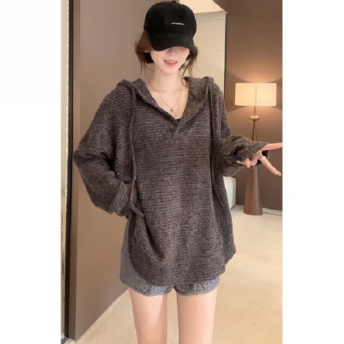 280g rabbit fur double-sided long-sleeved t-shirt base shirt women's thin American striped spring and autumn hooded top