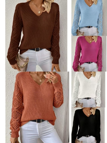 European-style spring and autumn outerwear hollow-knit sweater for women, pullover long-sleeved crocheted jacquard loose-fitting V-neck base layer.