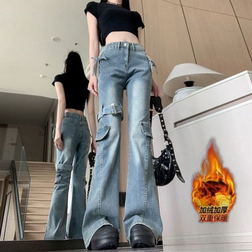 Shot~ Fleece-lined and Thickened Vintage Ribbon Bow Mini Skirted Denim for Women Autumn/Winter Hot Girl Slimming Pants