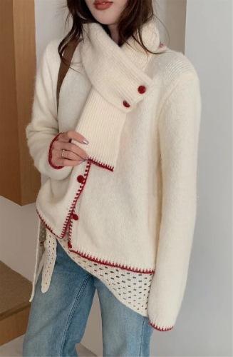 Korean Dongdaemun New Solid Color Knit Cardigan with Neck Scarf Korean Style Color Contrast Outerwear Top Set Women's Sweater Set