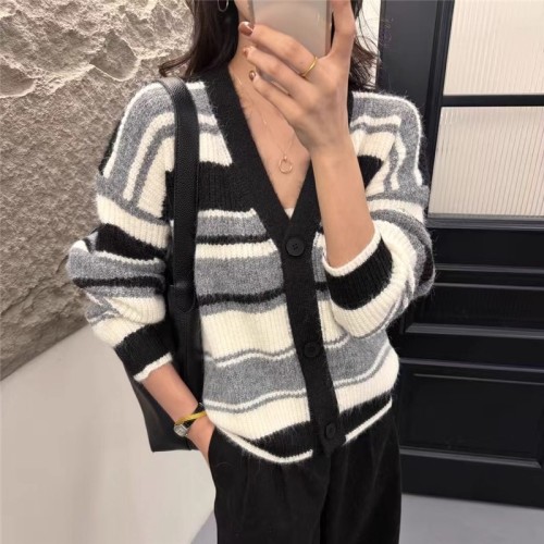 V-neck knit sweater with striped single-breasted button front, angora long hair open jacket