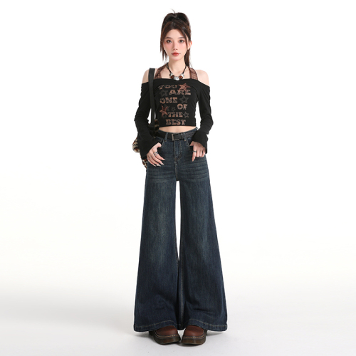 Actual shot~ American retro blue & wide-leg pants 2025 autumn new Korean style high-waist versatile slimming jeans for women