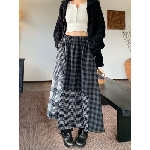 Japanese Retro Velvet Gingham Semi-Skirt for Women Autumn/Winter Splicing Long Dress College Style High-Waist Umbrella Skirt Medium A-Line Skirt