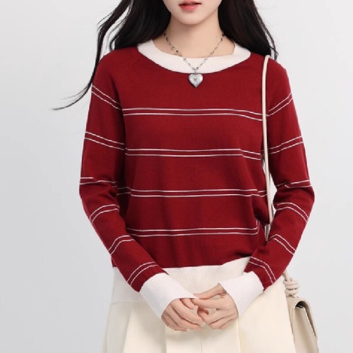 Color-block striped knit sweater, 2026 autumn/winter new round neck loose crew neck top women's stylish knit sweater