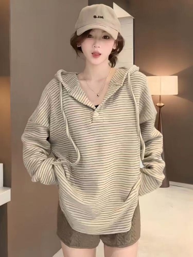280g rabbit fur double-sided long-sleeved t-shirt base shirt women's thin American striped spring and autumn hooded top