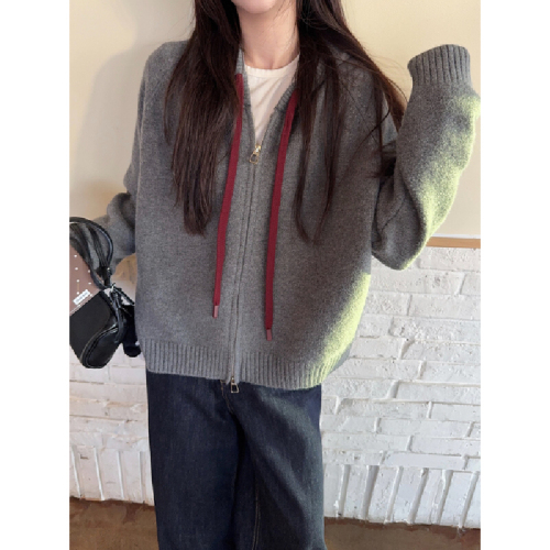 Photographed Korean-style loose hooded double zipper drawstring design knit sweater long-sleeved outerwear