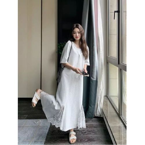 2025 New Women's Summer Petite Frame Elegant Slimming Gorgeous T-shirt Dress Gray Unique Lace Splicing Dress
