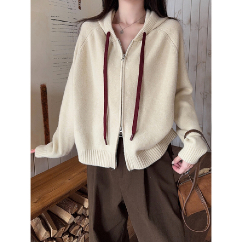 Photographed Korean-style loose hooded double zipper drawstring design knit sweater long-sleeved outerwear