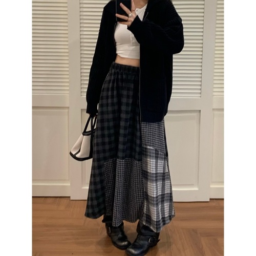 Japanese Retro Velvet Gingham Semi-Skirt for Women Autumn/Winter Splicing Long Dress College Style High-Waist Umbrella Skirt Medium A-Line Skirt