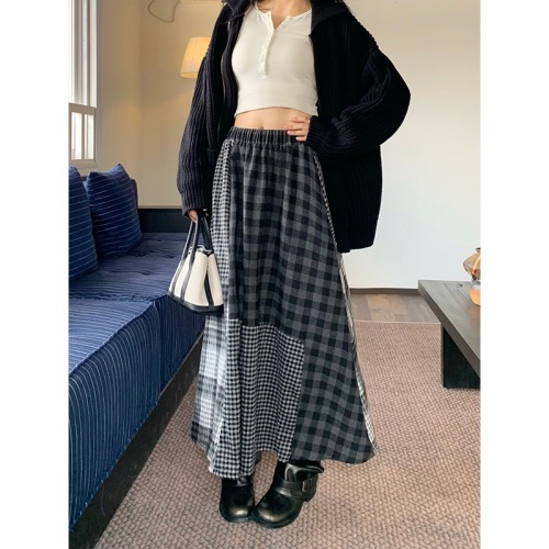 Japanese Retro Velvet Gingham Semi-Skirt for Women Autumn/Winter Splicing Long Dress College Style High-Waist Umbrella Skirt Medium A-Line Skirt