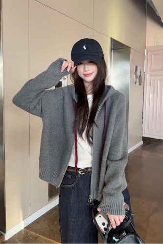 Photographed Korean-style loose hooded double zipper drawstring design knit sweater long-sleeved outerwear