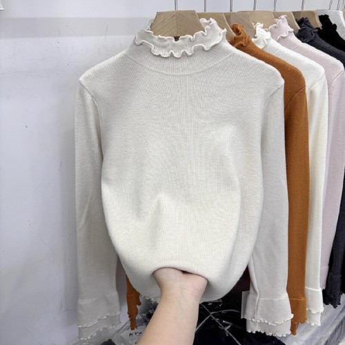 Sijiqing 2025 Winter New Arrival Double-Layer Ribbed Soft and Fluffy Long-Sleeved Knitted Sweater for Women—Stylish, Fashionable Innerwear Top with a Western Style