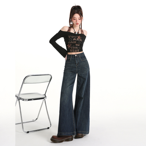 Actual shot~ American retro blue & wide-leg pants 2025 autumn new Korean style high-waist versatile slimming jeans for women