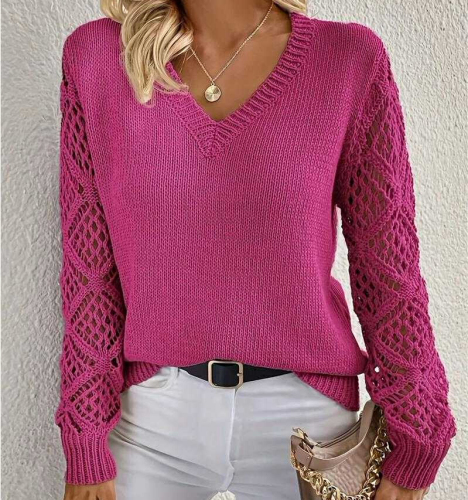 European-style spring and autumn outerwear hollow-knit sweater for women, pullover long-sleeved crocheted jacquard loose-fitting V-neck base layer.