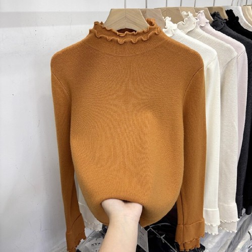 Sijiqing 2025 Winter New Arrival Double-Layer Ribbed Soft and Fluffy Long-Sleeved Knitted Sweater for Women—Stylish, Fashionable Innerwear Top with a Western Style
