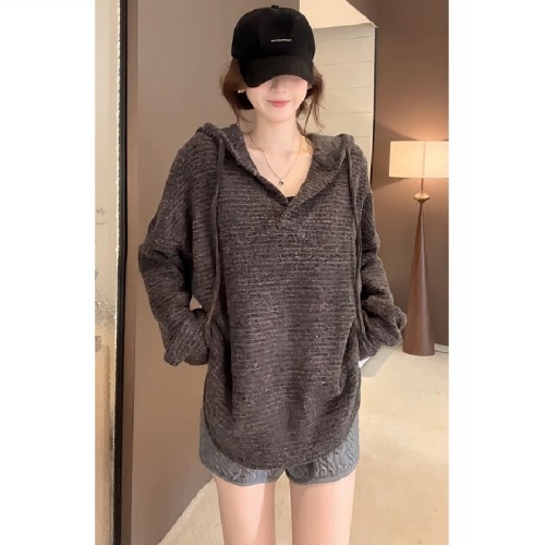 280g rabbit fur double-sided long-sleeved t-shirt base shirt women's thin American striped spring and autumn hooded top