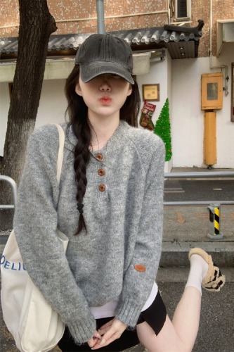 Photographed Korean Style Lazy Shoulder Round Neck Button Design Knit Sweater Loose Hooded Top for Women