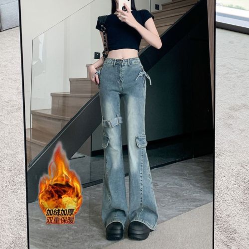 Shot~ Fleece-lined and Thickened Vintage Ribbon Bow Mini Skirted Denim for Women Autumn/Winter Hot Girl Slimming Pants