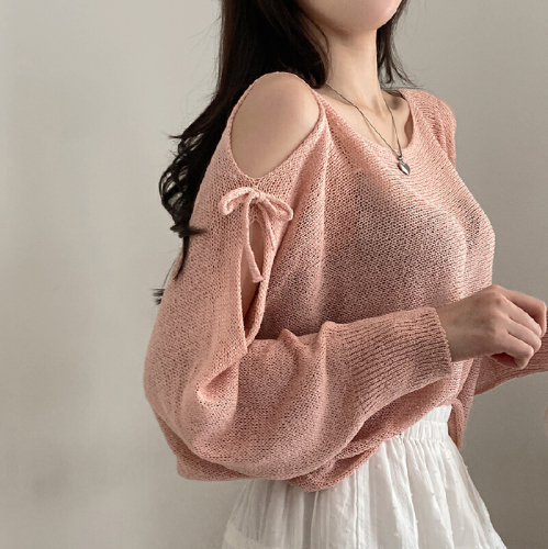 Korean Version Loose Hooded Sweatshirt with Tie-Through Lacing, Open Shoulder Knit Top, Bow Detail, Sexy Long Sleeve, Thin Lightweight Sun Coverall