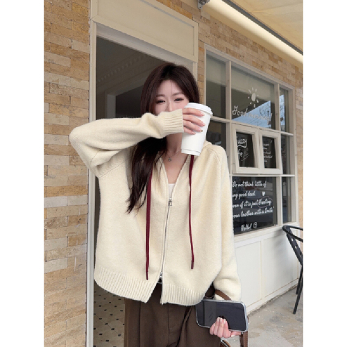 Photographed Korean-style loose hooded double zipper drawstring design knit sweater long-sleeved outerwear