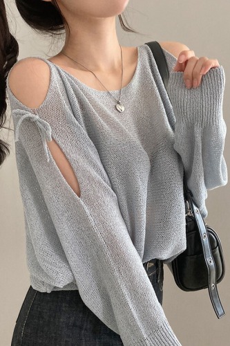 Korean Version Loose Hooded Sweatshirt with Tie-Through Lacing, Open Shoulder Knit Top, Bow Detail, Sexy Long Sleeve, Thin Lightweight Sun Coverall