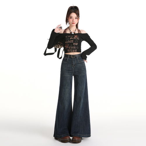 Actual shot~ American retro blue & wide-leg pants 2025 autumn new Korean style high-waist versatile slimming jeans for women