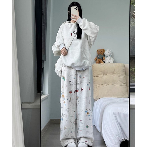 Thin-lined Fleece-lined Cotton Composite American Graffiti Print Women's Autumn/Winter Fleece Wide-leg Pants