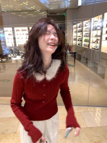 Removable fur collar knitted sweater for women, winter short sleeve, pure color, Korean style, soft and slimming, long sleeve, waist-cinching top