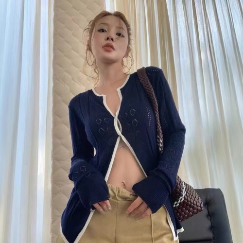 HUAX Retro Color-blocked Laced Knit Cardigan for Women - Early Autumn Fitted Slimming Long-sleeved Outerwear Top