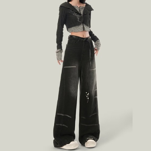 Black High-Waisted Wide Leg Women's Jeans 2025 Autumn/Winter New Fashion Bold Girl Design Sense American Loose Floor-Length Pants