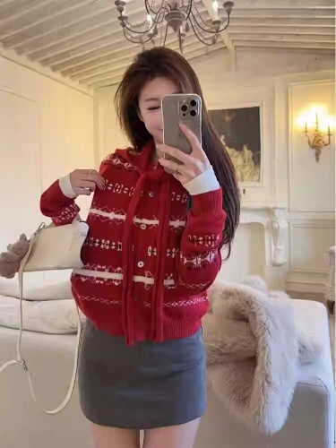 Santa New Year Outfit Fair Isle Hooded Sweatshirt Coat for Women Autumn/Winter Retro Red Casual Versatile Knit Top
